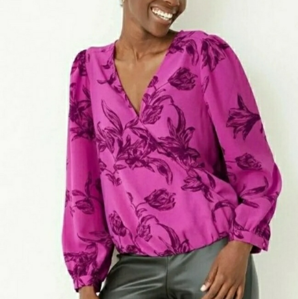 A New Day Women's Floral Print Puff Long Sleeve Wrap Top,  Purple